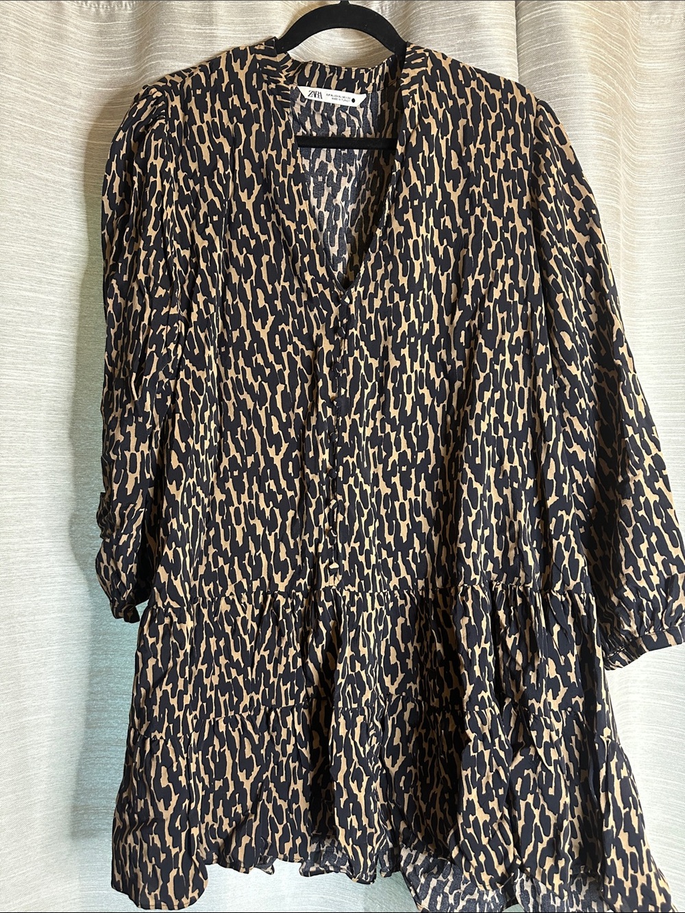 ZARA Black and Tan Leopard-Print V-Neck Tunic